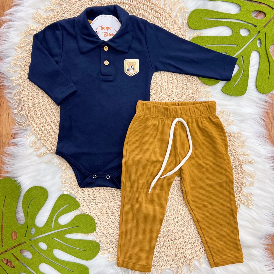 Conj. Body Gola Polo Ursinho e Calça - Marinho e Caramelo